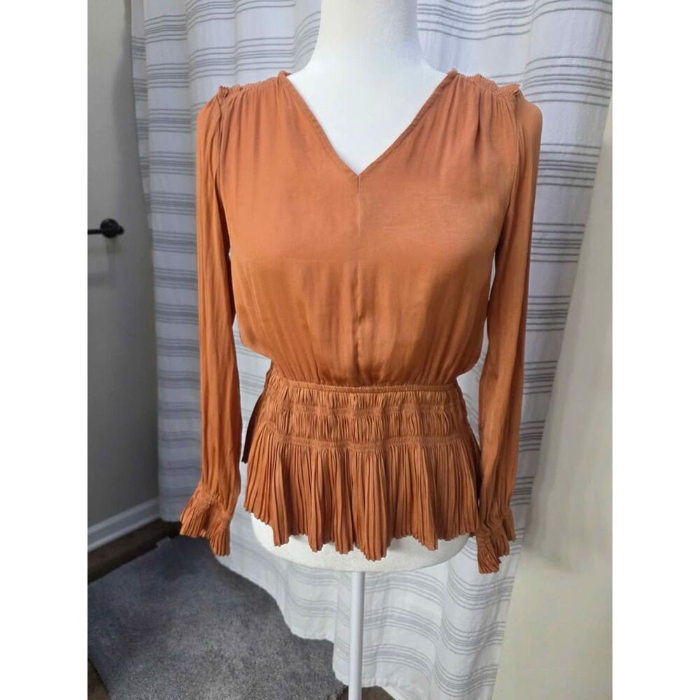 Catherine Malandrino XS Rust Orange Smocked Peplum Blouse